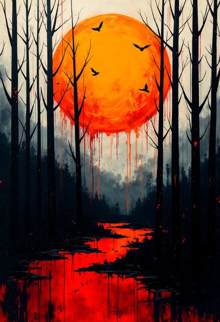 A surreal and painterly depiction of a dark forest silhouetted against a glowing orange moon. The trees are tall, skeletal, and jagged, with their forms melting and dripping into a cascade of abstract crimson and black streaks below. The background is a chaotic blend of fiery hues and moody grays, with splatters and smears of color adding to the dramatic intensity. Birds fly across the moon's surface, completing the eerie and abstract composition.