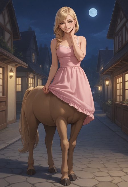 score_9,score_8_up,score_7_up,score_6_up,score_5_up,score_4_up, BREAK woman, centaur, solo, smile, village, night, hooves, tan horse tail, blonde hair, swept bangs, tan fur, pink dress, eyelashes, romantic, full body, hand on cheek