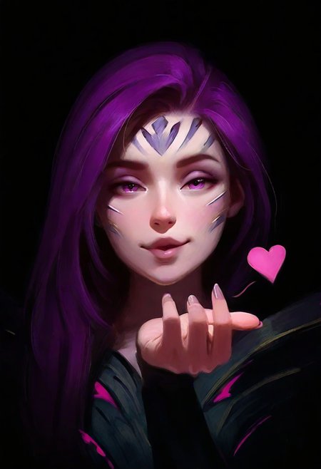 zeb1jy,  masterpiece, semi-realism,  best quality, solo,                             Kai'Sa \(lol\), purple hair, leaning close to viewer, blowing a kiss, smug, curled hand,  black background, love hearts,