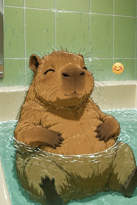 no humans, capybara, rodent, animal focus, bathtub, bathroom, tile wall, soaked, sitting in water, water surface, relaxed, closed eyes, smiling, spoken emoji, smile emoji, hands on stomach, partially submerged,                       
masterpiece,best quality,amazing quality,very aesthetic,absurdres,newest, anime coloring,   