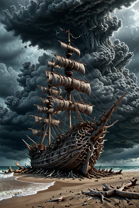 (huge Driftwood pirate ship), Epic Cinematic scene, creepy, Grey smoke, storm, (large dark  clouds),  lightning bolts, 3d render, strong, insanely intricate details, (masterpiece), UHD, <lora:Driftwood_Detailed_Art_-_By_DICE:0.7>, driftwood pirate ship,   <lora:Jugg_XL_Cinematic_Beasts:0.99>, (DEVIL SPAWN clouds)