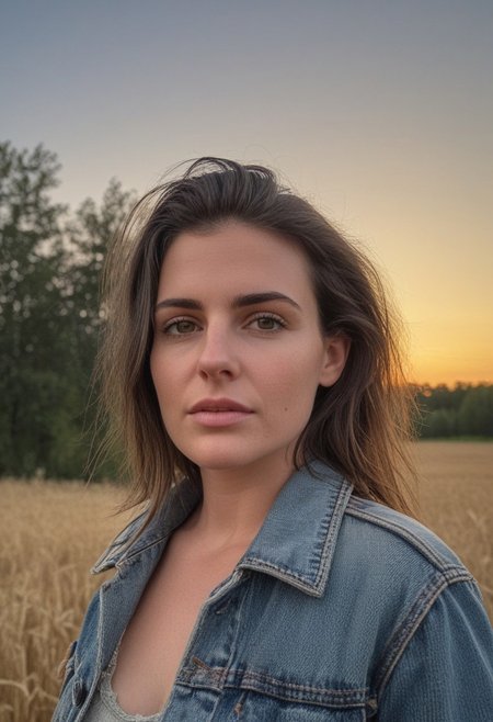 30yo american woman in a wheat field
Small eyes. Brown eyes.
Wearing ripped Denim jacket
no makeup. Clear skin.  realistic skin style
Long dark black slick back hair. No makeup. Dusk, Street light. Looking at camera POV. Slight smile, tilting head.. Tilt head. Hands in head, face, lips.
Medium Close Up shot. Bokeh. Bokeh light. Sunset. yellow, purple sky.