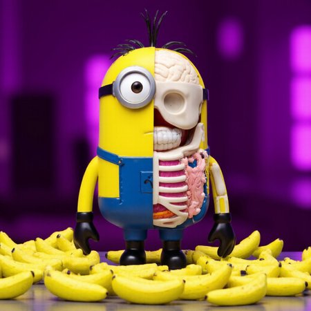 A 3D-rendered m3me movie still of a Minions figure from the minions movie, split vertically down the middle to reveal two contrasting sides. One half exposes a detailed skeletal structure, with muscles, tendons, and internal organs visible. The skull is open, showcasing the Minion's small brain amidst several bananas crammed in the skull, and the face on this side is partially skeletal, with visible muscle strands connecting to the bones. The other half portrays the Minion in its classic appearance, with bright yellow cylindrical body, blue overalls, large round eyes with goggles, and a tiny tuft of black hair.  The normal and dissected halves of the minion create a striking contrast between cute, cuddly exterior and exposed inner anatomy.   Strips of yellow skin lay curled on the ground.
The background is an 80's vr disco with purple and yellow neon lights casing an eerie glow.