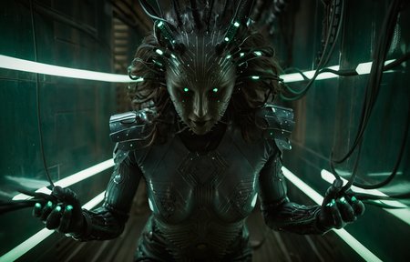 cinematic film still action scene, dappled cinematic lighting, DSLR photo, special effects, dark corridor in futuristic space station, shodan  female angel of war, polished slippery digital latex, cracking blazing energy whip gripped by one hand via the handle, wings made of flexible cables, weathered/textured lifelike dull matte skin, natural imperfections and asymmetry, natural motile emotive shodan face , Extremely high-resolution details, photographic, realism pushed to extreme, fine texture, incredibly lifelike, <lora:shodan_sdxl:1.2> . shallow depth of field, vignette, highly detailed, high budget, bokeh, cinemascope, moody, epic, gorgeous, film grain, grainy