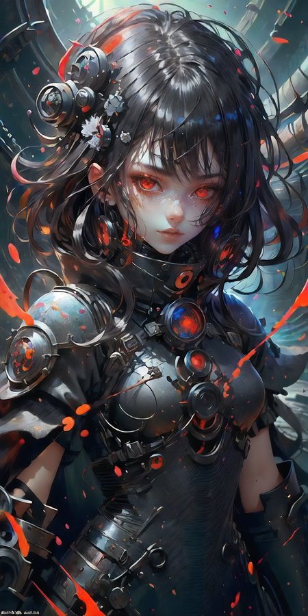 Girl, fantasy, dark atmosphere,  best quality,  detailed face, evill look, midshot, , black halo, , full armor, black hole, low key, red hair,  blood, hyperrealism,  <lora:Hellasthetic v2:1> , dynamic pose, action, entropy cosmic, construction,