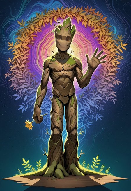masterpiece, absurdres, amazing quality, extremely detailed, very aesthetic, solo, male, 
Groot1, tall, made of wood, amber eyes, brown bark skin, moss, leaf, (no nose:1.15), alien, flora fauna, plant boy, 
standing, looking at viewer, smile, half-closed eyes, narrowed eyes, seductive smile, hand up, waving, full body, perfect hands, 5 fingers, holding flower, 
psychedelic background, cosmic background, shadow,  perfect lighting, WaiIL25PosC