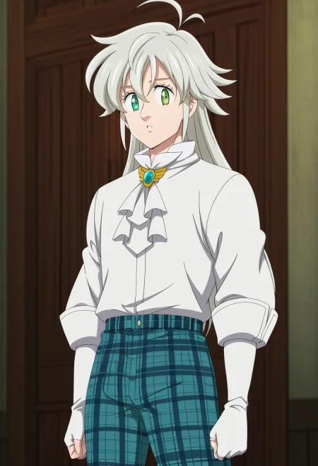 masterpiece, best quality, anime screencap, official style, anime coloring, cowboy shot, 1boy, solo, male focus, <lora:tristan_liones_ilxl:0.98>, tristan_liones, grey hair, green eyes, long hair, ahoge, white shirt, white ascot, , , Plaid trousers, Cobalt Baseball shirt, Chelsea boots, ,