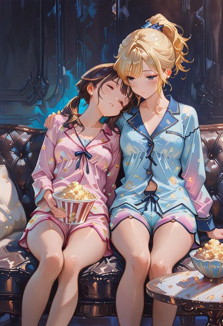 masterpiece, best quality, oil painting, ArsMJStyle, Impressionism, Masterpiece, light and airy, brushstrokes, gentle brushstrokes, canvas texture, gbf_style, 2girl, 1blonde, wearing pink, 1brunette, Asian, wearing blue, wearing pajamas, pajama shorts, ponytail, twin ponytails, small breasts, sitting, couch, arm around another's shoulder, head on another's shoulder, faces barely illuminated, (dim light, dark),  leather couch, sweet, endearing, intimate, table, bowl of popcorn, dark background, gradient painted background, abstract background, dynamic angle