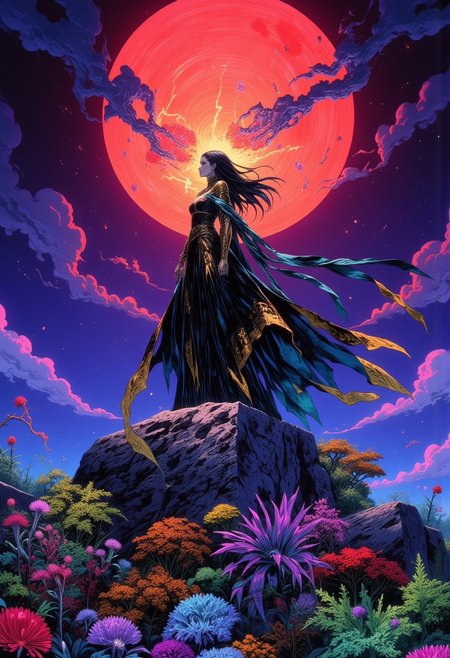 A hyper-detailed full-body digital illustration, in HD, 8K, and masterpiece quality, featuring Aman0ayam1, dressed in an avant-garde, asymmetrical gown of shimmering black fabric with sharp golden edges and flowing scarves trailing in surreal, weightless motion. The dress features fractal-like patterns that faintly glow, while her sleek, jet-black hair floats as though caught in an ethereal breeze. She stands confidently atop a massive boulder etched with fluid, abstract patterns in cerulean, emerald, fiery orange, magenta, lavender, and deep gold, creating a vivid, dreamlike base. Surrounding her are surreal vegetation: glowing spiral ferns, metallic flowers with crystal petals, bioluminescent moss orbs, liquid-like twisting vines, and fractal-shaped leaves radiating soft light. Her raised right hand conjures orbs of energy in teal, crimson, violet, yellow, and azure, merging into a swirling portal exuding cosmic energy, while her left hand rests on her hip in a commanding pose. The background is a deep purple sky with a massive red moon glowing faintly, etched with fiery fissures. Her attire and hair drift in a surreal wind, creating dynamic movement, while vivid lighting enhances the reflective gold edges of her gown and the radiant energy of the portal, immersing the scene in otherworldly beauty. (ne0nfant4sy, drkfnts style, mythp0rt)