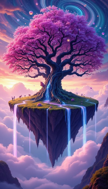 pinkfluxproultrafantasia, 
Focal Subject: A large, ancient tree with twisted, gnarled branches that reach out like the fingers of a giant hand. The tree’s bark is iridescent, shimmering with colors that shift between deep blues, purples, and greens, giving it an otherworldly glow. Its roots spread across the ground, intertwining with the environment, anchoring the tree to both reality and fantasy.

Overall Setting: The scene is set in a floating island suspended in a vast, endless sky filled with swirling clouds and vibrant hues of pink, orange, and violet. The island itself is lush with strange, bioluminescent plants and flowers that emit a soft glow, illuminating the surrounding area. Waterfalls cascade off the edges of the island, their streams disappearing into the void below, defying gravity as they flow upwards or sideways at times.

Camera Angle and Composition: The camera is positioned at a mid-range distance, capturing the tree as the central subject in a wide-angle view that showcases the surreal environment around it. The tree is placed slightly off-center, with the floating island extending into the background. The composition draws the eye from the tree to the cascading waterfalls and the swirling sky, creating a sense of depth and wonder.

Unique Details: The sky above is filled with floating, translucent orbs that reflect the colors of the environment, drifting gently through the air like bubbles. Small, glowing creatures—perhaps ethereal birds or mystical insects—flutter around the tree, leaving trails of light in their wake. The ground is covered in moss that pulses with a soft, rhythmic light, as if the island itself is alive.

Style and Mood: The image is rendered in a vibrant, high-contrast style that emphasizes the surreal nature of the scene. The mood is mystical and enchanting, evoking a sense of discovery and wonder as if stepping into a dream. The lighting is soft yet dynamic, casting long, ethereal shadows that add to the fantastical atmosphere. The overall feel is a blend of tranquility and mystery, inviting the viewer to explore this otherworldly place.