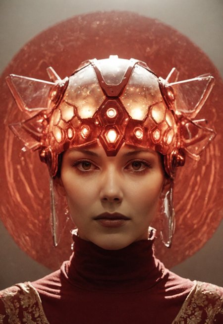 Silhouette of a woman wearing a bleaked dark-red translucent automaton helmet, detailed skin and lips, extreme Face CloseUp, looking at Viewer, intricate translucent technical helmet details, Red circle Background, atmospheric lighting, novuschroma60 style bokeh, The photo features faded colors, with a limited palette of gray, beige, and washed-out red, capturing her cool, striking appearance.. cinematic composition, soft shadows, national geographic style,