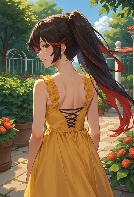 score_9, score_8_up, source_anime, 1girl, solo, LuciaPlume, long hair, twintails, streaked hair, gradient hair, from behind, yellow sundress, garden, day, sunshine, smile, looking back, <lora:ChamLuciaPlumePonyXL:1>