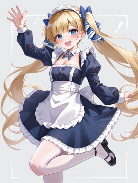1girl, 
solo, grey background, puffy sleeves, maid headdress, apron, bow, long hair, looking at viewer, dress, :d, open mouth, standing on one leg, hair bow, white apron, standing, juliet sleeves, very long hair, smile, collared dre, twintails, long sleeves, maid apron, white pantyhose, blush, black bow, blue eyes, blonde hair, pantyhose, black footwear, frilled dress, frills, black dress, shoes, blue bow, maid,
she is wearing a white apron with a ruffled collar and a black skirt. her hair is styled in two high ponytails with bows on top. she has a big smile on her face and her arms are stretched out to the sides, as if she is dancing or waving. the background is light blue with small white dots scattered throughout. there are also some japanese characters written around the girl's head.
score_9, score_8_up, score_7_up, source_anime
 <lora:style021:0.9>