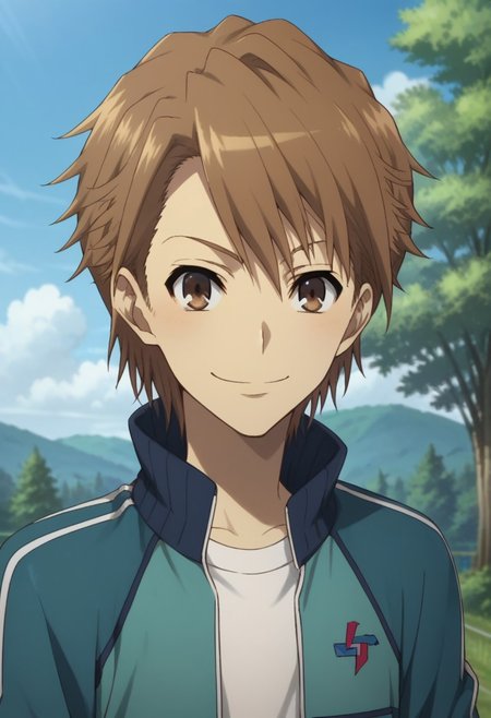 score_9, score_8_up, score_7_up, source_anime, highly detailed, 
naoya, 1boy, brown hair, short hair, male focus, brown eyes, smile, jacket, smile,  track jacket, pants, upper body
outdoor, sky, tree
