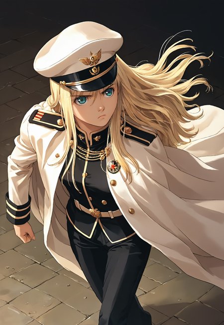 hortensia,score_9,score_8_up,score_7_up,source_anime,2d,best_quality,masterpiece,8k, young, detailed, 1girl, (solo), adorable_girl, glowing skin, blonde hair, serious, small breasts, black military uniform, black trousers, walking, (from above:0.2), epaulettes, white cape, stars hyper_galaxy, full_shot, walking, warhammer commissar hat
