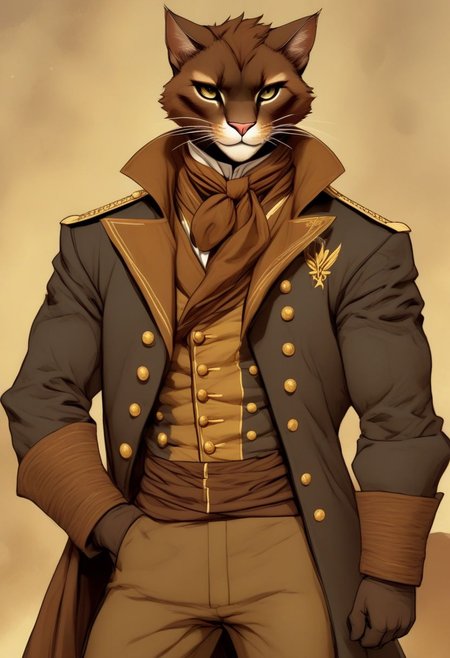 A short haired tabaxi man, sailor captain uniform, Dark brown and tan fur, Commanding, leader, confident, dancer, elegant, fit, thin puma