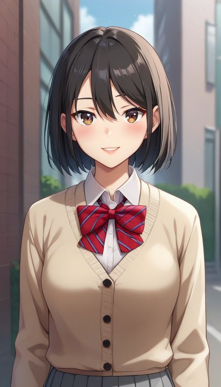 score_9,score_8_up,score_7_up,score_6_up BREAK official art,solo,outdoors,upper body,looking at viewer,facing viewer,smile,blush,Sua Kang,medium hair,black hair,bob cut,sidelocks,hair between eyes,parted bangs,brown eyes,lips,school uniform,beige cardigan,striped cardigan,red bowtie,striped bowtie,collared shirt,white shirt,dress shirt,long sleeves,medium breasts,miniskirt,grey skirt,pleated skirt,black socks,loafers,<lora:Sua Kang(tb)-Pony:1.2>,