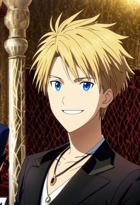 high resolution, solo, best quality, 1Boy, Yamato Ishida, Blond Hair, Blue Eyes, Necklace, luxury hotel, Ballroom, tuxedo, smile, mysterious, confident, OverallDetail