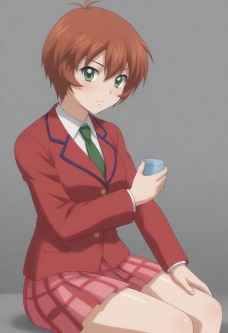 source_anime, anime screencap, source_anime, auratheguillotine, anime screencap, masterpiece, source_anime, shiny skin, 1girl, chinkyuu koudai, short hair, brown hair, green eyes, <lora:chinkyuu_pony-000007:0.8> red blazer, white shirt, green necktie, plaid skirt, pleated skirt,