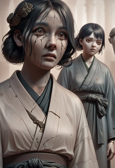 score_9, score_8_up, score_7_up, score_6_up, easynegative, masterpiece, the highest, perfecteyes, brown eyes, girl, kimono ,black hair, scythe, ,jewelry,geisha , fear, facial cracks,tears,porcelain body,doll,doll joints