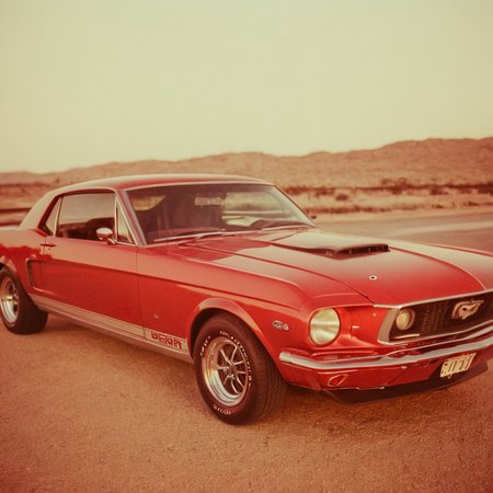(a polaroid film photography:1.2) of a red Mustang GT car, grainy photo, faded film, soft focus