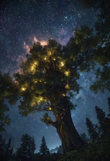 extremely detailed, araffes in the woods , under a starry sky, looking up view, trees and stars background, breathtaking stars, nighttime nature landscape, night sky photography, 8k, mikko lagerstedt, unreal engine 5, perfect composition, vibrant, rtx, hbao, sharp, realisticvision-negative-embedding