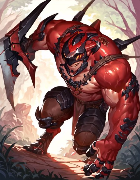 anime artwork score_9, score_8_up, score_7_up, best quality, high quality, highly detailed, cel shading, source_cartoon, <lora:Smooth Style LoRA XL:0.6> drakahlcru, sharp teeth, metallic helmet, orange eyes, muscular humanoid, dark red fleshy skin,  holding weapon<lora:Drakahl_Crucible:0.8> detailed background