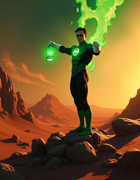 A superhero photograph capturing Green Lantern standing on a deserted planet during sunset. The image is shot in stunning ultra-high definition with an absurd resolution of 64000 x 32000 pixels, resulting in highly detailed textures and intricate details. The composition style utilizes leading lines created by the alien landscape to guide the viewer's eye towards Green Lantern, who is holding his lantern aloft, ready for action.