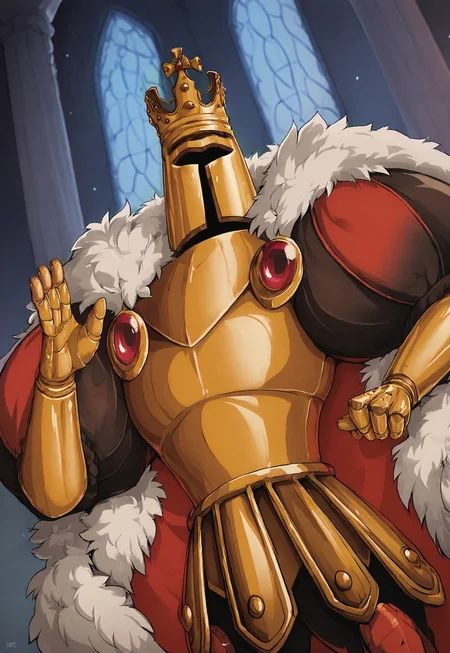 score_9, score_8_up, KingKnightSW, red cape, fur trim, armor, helmet, crown, gauntlets, looking at viewer, throne room, portrait, window, night, detailed background, dynamic pose,