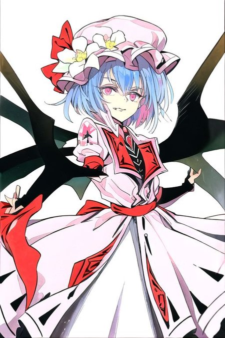 solo, 1girl, solo_focus, ((too many)):16, 
watercolor (medium), traditional media, 
remilia_scarlet_(koumajou_densetsu), solo, 1girl, smile, short_hair, shirt, red_eyes, bow, blush, hat, ribbon, dress, hair_ornament, frills, blue_hair, jewelry, puffy_sleeves, short_sleeves, red_bow, wings, mob_cap, nail_polish, pink_eyes, flower, ascot, pantyhose, sidelocks, detached_sleeves, hat_ribbon, shoes, pointy_ears, grin, wrist_cuffs, bat_wings, sword, fingernails, white_headwear, black_pantyhose, high_heels, hat_bow, collar, fang, sash, black_gloves, choker, petals, white_dress, fingerless_gloves, polearm, lips, hair_flower, expressionless, frilled_sleeves, hat_flower, brooch, pink_dress, red_sash, armband, sharp_fingernails, frilled_dress, collared_dress, coat, wing_collar, red_footwear, spear_the_gungnir, long_fingernails, light_purple_hair, eyelashes, bridal_gauntlets, cross, clenched_teeth,