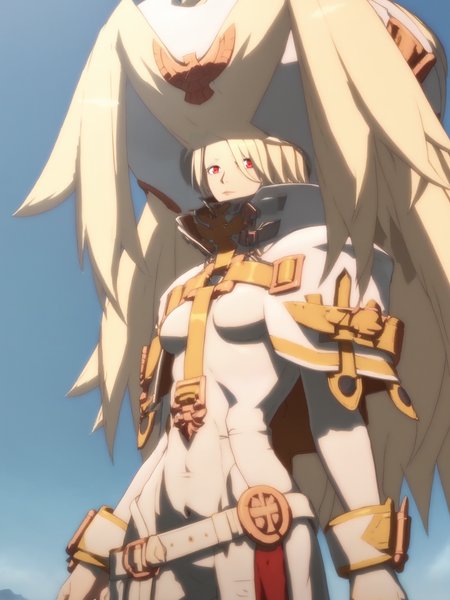 uncensored, score 9 up, score 8 up,
 <lora:Guilty_Gear_Sanctus_Maximus_Populi_Ariels_Character_PonyXL:1>sanctus_maximus_populi_ariels, 1girl, blonde hair, hair over one eye, hat, red eyes, long hair, high collar, jewelry, belt, capelet, white bodysuit, medium breasts