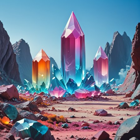 Score_9, score_8_up, score_7_up, score_6_up, BREAK  <lora:70sSci-FiMoviePony:1>  ArsMovieStill, movie still from a 1970s technicolor Sci-Fi movie, The image shows a group of five tall pointed crystals standing on a rocky surface. The crystals are arranged in a triangular formation with the tallest one in the center and the two smaller ones on either side. The tallest crystal is a bright pink color while the other three are a lighter shade of pink. The background shows a clear blue sky and a mountain range in the distance. The ground is covered in small rocks and boulders and there is a hint of orange glow emanating from the crystals. The overall mood of the image is mystical and awe-inspiring., no humans, crystal, sky, outdoors, blue sky, scenery, day, mountain, rock, gem
