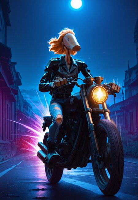 Masterpiece, absurdres, highest quality, highly detailed, newest, 8k, semi-realistic, solo, b1bd, cl4nker, black leather jacket, torn jeans, combat boots, towering Punch Perm hairstyle, riding motorcycle, detailed motorcycle, detailed road, motion lines, speeding, no humans, night, moonlight, detailed background, Scout Bobber