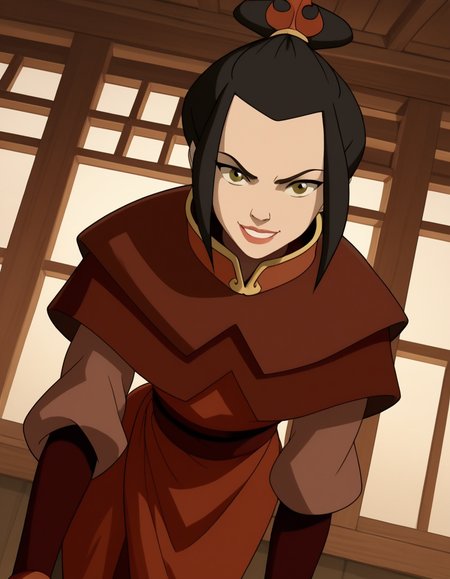 score_9, score_8_up, score_7_up, source_anime, <lora:azula-book2-ponyxl-lora-nochekaiser:1>, azula, black hair, brown eyes, topknot, sidelocks, hair bun, single hair bun, chinese clothes, capelet, sash, long sleeves, elbow gloves, , indoors, bent over, smile, looking at viewer, solo, cowboy shot, dutch angle
