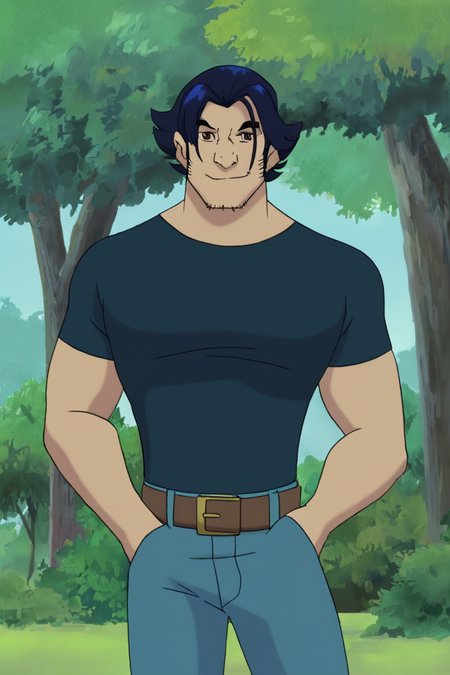 masterpiece, best quality, highres, newest, logan, 1boy, solo, male focus, mature male, short hair, dark blue hair, brown eyes, thick eyebrows, facial hair, stubble, sideburns, muscular, dark blue t-shirt, short sleeves, blue jeans, denim, brown belt, belt buckle, looking at viewer, smile, standing, cowboy shot, hands in pockets, outdoors, nature, tree <lora:Wolverine (Logan) X-Men Evolution (Only Logan) Lite v1.1 [LoRA] - NoobAI-XL EPS 1.0:0.8>