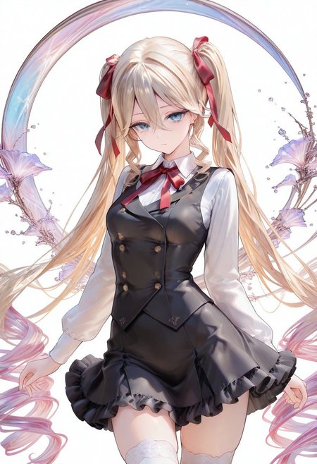 masterpiece, best quality, very aesthetic, absurdres, 
cowboy shot, 1girl, 
paleta \(fantasica\), illusionary art, blue eyes, blonde hair, very long hair, twintails, hair between eyes, sidelocks, small breasts, BREAK, 
hair ribbon, neck ribbon, red ribbon, white shirt, collared shirt, long sleeves, black vest, double-breasted, frilled skirt, black skirt, white thighhighs, zettai ryouiki,