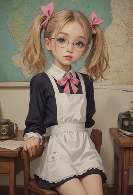 masterpiece,best quality,amazing quality, score_9, score_8_up, score_7_up, ultra sharp, beautiful face
Olya znaykina, blonde hair, twintails with pink bows, round glasses, black short minidress, white apron, shoes with white socks 
, cute, 
, detailed eyes, 
Cowboy shot, view legs,
Desk, chair, map, blackboard,