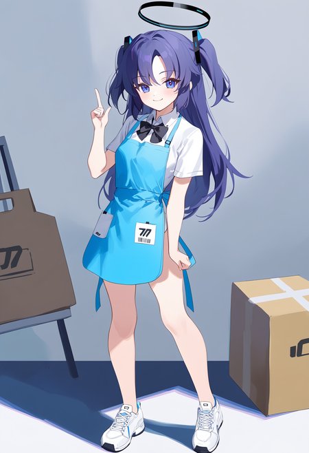 1girl,solo,masterpiece,best quality,newest,recent,
BREAK
1girl, solo, halo, yuuka \(blue archive\), apron, one eye closed, white background, purple hair, simple background, long hair, smile, full body, shirt, short sleeves, two side up, bow, white shirt, looking at viewer, shoes, blue apron, white footwear, bowtie, purple eyes, bangs, parted bangs, blush, blue eyes, closed mouth, sneakers, index finger raised, collared shirt, standing, black bow, black bowtie, ;\),
BREAK
<lora:å¦ä¸ç§è¾ä½ä¿®æ­£XLç¨sd_xl_dpo_lora_v1-128dim:1>,