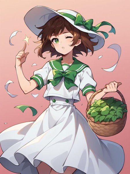 score_9, score_8_up, score_7_up, score_6_up,
sleepyfrippystyle, 1girl, basket, bow, brown hair, dress, gradient, gradient background, green bow, green bowtie, green eyes, green ribbon, hat, holding, holding basket, looking at viewer, one eye closed, parted lips, pink background, ribbon, sailor collar, short hair, short sleeves, solo, white dress, wind,
<lora:sleepy_frippy_style_v1:0.8>,