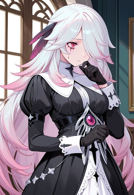 AMAZING QUALITY, MASTERPIECE, 1GIRL, CHIARA, WHITE HAIR, PINK HIGHLIGHTS, RED EYES, HAIR OVER EYE, HAIR FEATHERS, DRESS, EYE STAINS, GLOVES