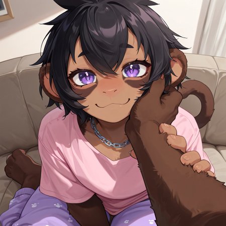 masterpiece, best quality, newest, absurdres, highres, furry, perfect anatomy, MewMewM,1girl,solo,furry,furry female,short hair,black hair,hair between eye,animal ears,purple eyes,necklace,body fur, brown fur,monkey tail, pink shirt, oversized shirt, purple pants, pajama pants, living room, couch, happy, smiling, sitting, petting cheek, petting face, looking at viewer, playful, pov, adoration, viewer petting anthro,