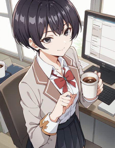score_9, score_8_up, score_7_up, source_anime, <lora:chisaki-sarashina-s1-ponyxl-lora-nochekaiser:1>, chisaki sarashina, black eyes, black hair, mole, mole under eye, short hair,, shirt, bow, school uniform, jacket, white shirt, collared shirt, bowtie, red bow, blazer, red bowtie, black skirt, pleated skirt,, home office, working from home, computer screen, coffee cup, focus, deadline, , , smile, from above,, solo,, cowboy shot, dutch angle