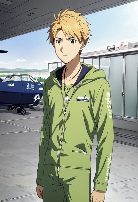 high resolution, solo, best quality, 1Boy, Yamato Ishida, Blond Hair, Necklace, lounge suit, hood, airport terminal, wide windows, viewing plane,  OverallDetail