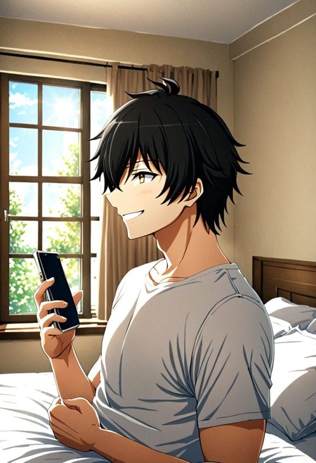 high resolution, solo, best quality, 1Boy, Seiya Kanie, black hair, short hair, holding smartphone, t-shirt, on the bed, sunny day, window, smile, side view, OverallDetail