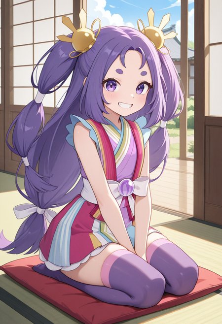 1girl,solo,<lora:irohappnil-000010:0.9>,iroha_ppn,purple eyes,purple hair,long hair,twintails,short eyebrows,thick_eyebrows,hair ornament,low-tied long hair,kimono,japanese clothes,sleeveless,multicolored clothes,purple thighhighs,white obi,looking_at_viewer,cowboy_shot,smile,grin,cloud,seiza,tatami,zabuton,east_asian_architecture,garden,day,incredibly absurdres,masterpiece,best quality,good quality,newest,