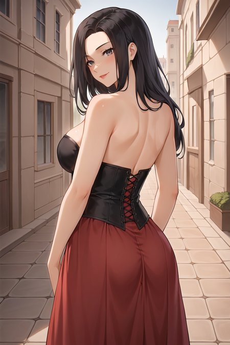 score_9, score_8_up, score_7_up, source_anime, 1girl, prefect lighting, very aesthetic, intricate details, highly detailed background, masterpiece, high quality, prefect hands, best quality, solo,
<lora:Martha_Throtem_V2:.85>, KJOmartha, black hair, grey eyes, parted bangs, long hair, 
red skirt, black belt, corset, bare shoulders,
from behind, seductive smile, smirk, blush, looking back, head tilt, 
daytime, street, sunny, building,
(Beautiful, large Breasts:1.2), natural breasts,