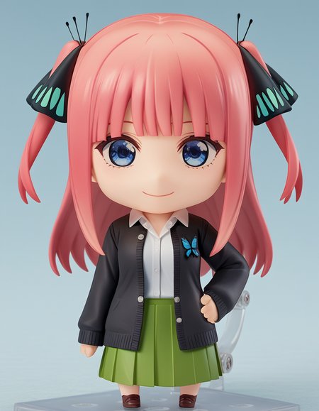 score_9, score_8_up, score_7_up, source_anime,
ninonakano, <lora:nino-nakano-s2-ponyxl-lora-nochekaiser:0.5>, 
nino nakano, long hair, bangs, blue eyes, hair ornament, hair ribbon, pink hair, blunt bangs, two side up, butterfly hair ornament, mature female,
skirt, shirt, long sleeves, white shirt, pleated skirt, open clothes, collared shirt, sleeves past wrists, dress shirt, cardigan, green skirt, open cardigan, black cardigan,
<lora:nendoroid-figurines-ponyxl-lora-nochekaiser:1>, nendoroid, 1girl, solo, smile, v, hand on own hip, chibi,
