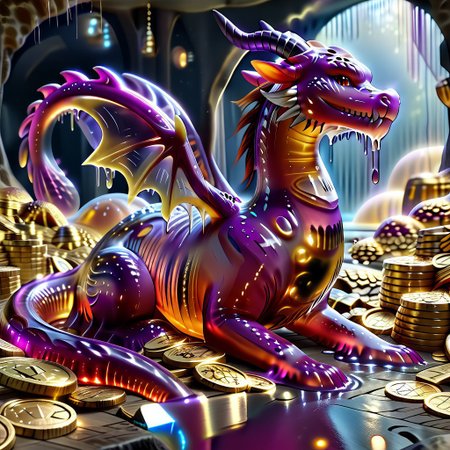1dragon, highly detailed deep purple dragon, deep purple dragon made out of slime, scaly deep purple slime dragon, slime dragon with red eyes, deep purple slime dragon laying in its hoard, blue slime dragon with wings, dragon wings, detailed claws, detailed feet, detailed tail,
multi-colored gems made out of slime, in a room of treasure made out of slime, gold coins and bars made out of slime, piles of coins, piles of gold slime coins, piles of gold slime, tiny gold slime coins, no large coins, no medium coins, only tiny coins,
treasure-room, treasure, gemstone, coins, gold bars, gold pile, 
everything made of slime, No simple background,
((translucent slime)), ((transparent slime)), (bioluminescent slime), sl1m3, slime, ais-blmn, watce, je11y, thickwater, great lighting, ral-lava, even lighting, no bright spots, saturated colors,