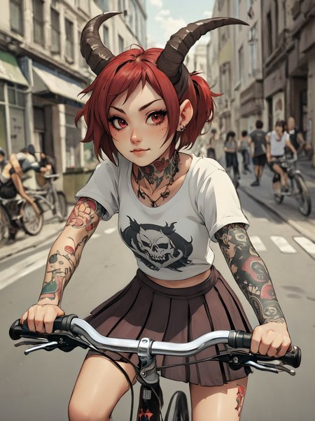 (anime style:1.2)
close-up image of a cute horned red skin demon girl wearing a tshirt and pleated skirt with tattoos riding a bicycle in the city
<lora:Simlish-000007 (1):1.2>