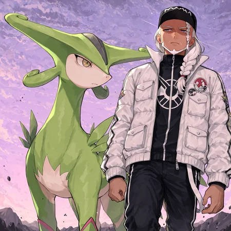 k3go-eee, 1boy, mature male, pokemon trainer, (dark skin), white jacket, black streetwear pants, single front braid, BREAK, 1other, virizion \(pokemon\), feral, serious, side-by-side, looking at each other, dynamic angle, purple sky
masterpiece, best quality, good quality,  <lora:kemonogo-nai-v01:0.85>